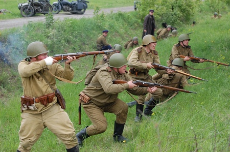 KIEV, UKRAINE, 10 MAY 2008: Member of military history club Red Star. Person in Soviet WW2 military uniform. Historical military reenacting Kiev, Ukraine, 8-10 May, 2008のeditorial素材