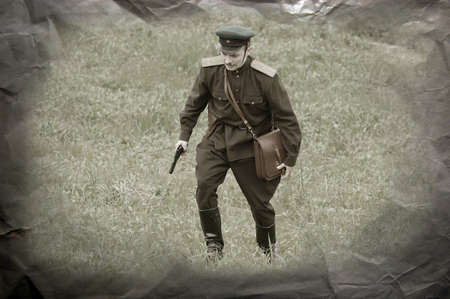 KIEV, UKRAINE, 10 MAY 2008: Member of military history club Red Star. Person in Soviet WW2 military uniform. Historical military reenacting Kiev, Ukraine, 8-10 May, 2008のeditorial素材