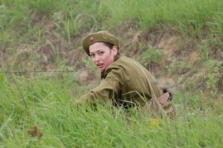 KIEV, UKRAINE, 10 MAY 2008: Member of military history club Red Star. People in Soviet WW2 military uniform. Historical military reenacting in Kiev, Ukraine. 8-10 May 2008. のeditorial素材