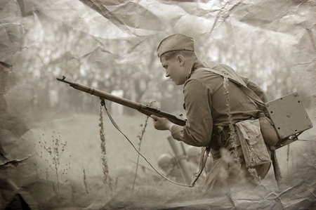 KIEV, UKRAINE, 10 MAY 2008: Member of military history club Red Star. People in Soviet WW2 military uniform. Historical military reenacting in Kiev, Ukraine. 8-10 May 2008. のeditorial素材