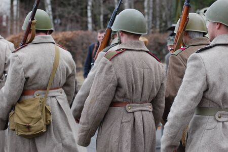 KIEV, UKRAINE - FEB 23: A member of the history club called Red Star wears a historical uniform as he participates in a WWII reenactment celebrating Red Army Day on February 23, 2008 in Kiev, Ukraine. のeditorial素材