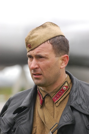 KIEV, UKRAINE - MAY 6 : A member of Red Star history club wears historical Soviet uniform during...