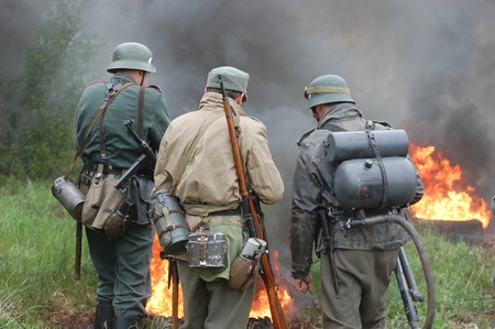 KIEV, UKRAINE - MAY 6 : Members of Red Star history club wear historical German uniform during historical reenactment of WWII, May 6, 2011 in Kiev, Ukraine のeditorial素材