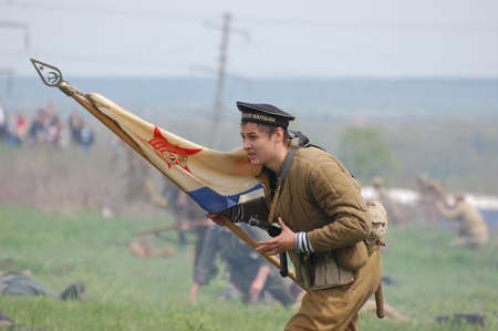 KIEV, UKRAINE - MAY 8 : A member of Red Star history club wears historical Soviet uniform during...