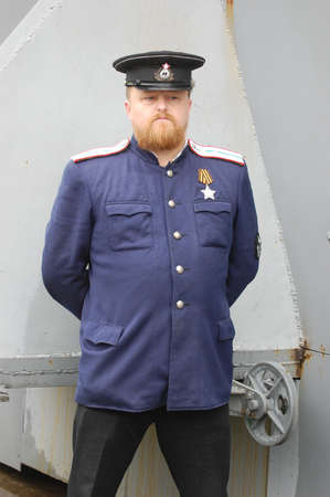 KIEV, UKRAINE - MAY 6 : A member of Red Star history club wears historical Soviet Naval uniform during historical reenactment of WWII, May 6, 2011 in Kiev, Ukraine のeditorial素材