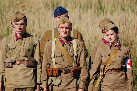 KIEV, UKRAINE -SEPT 18 : Members of Red Star history club wear historical Soviet uniform during...