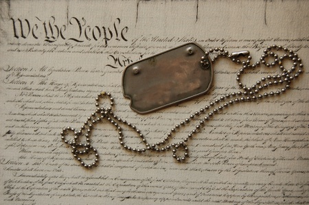 Freedom is not free . Dog tag on American Constitution の写真素材
