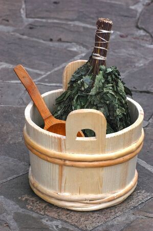 Traditional equipment for Russian bath from wood の写真素材