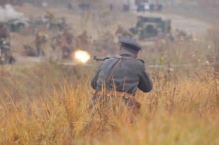 KIEV, UKRAINE -NOV 6: Unidentified member of Red Star history club wears historical German Luftwaffe uniform during historical reenactment of WWII, November 6, 2011 in Kiev, Ukraine のeditorial素材