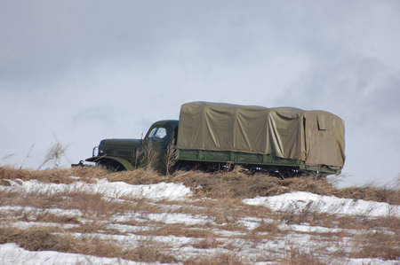 KIEV, UKRAINE -FEB 25: Soviet military truck created after WWII during historical reenactment of WWII,Military history club Red Star. February 25, 2012 in Kiev, Ukraine のeditorial素材