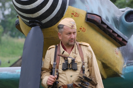 KIEV, UKRAINE -MAY 13: Member of Red Star history club wears historical German Luftwaffe uniform...