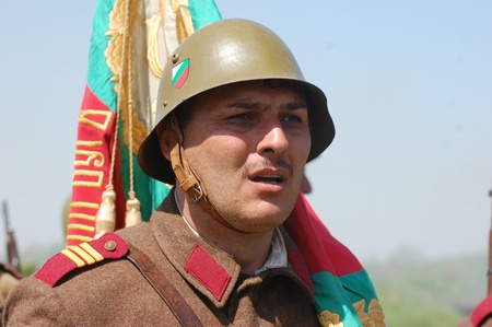 KIEV, UKRAINE - MAY 11 : An unidentified member of Red Star history club wears historical Bulgarian uniform during historical reenactment of WWII on May 11, 2013 in Kiev, Ukraine のeditorial素材