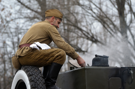 KIEV, UKRAINE -NOV 3 An unidentified member of Red Star history club wears historical Soviet uniform...