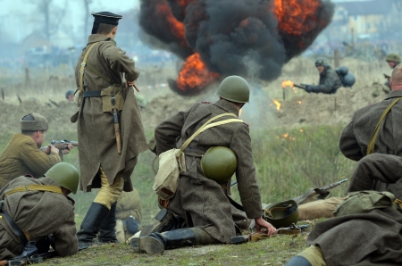 KIEV, UKRAINE -NOV 3 An unidentified members of Red Star history club wear historical Soviet   Czech uniform during historical reenactment of WWII, November 3, 2013 Kiev, Ukraine のeditorial素材