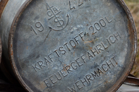 KIEV, UKRAINE -NOV 3  Red Star military history club  Original German metal barrel for gasoline of...