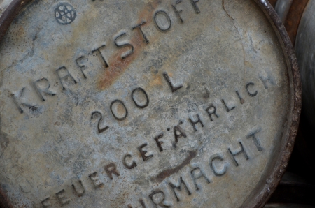 KIEV, UKRAINE -NOV 3  Red Star military history club  Original German metal barrel for gasoline of WWII time during historical reenactment of WWII, , November 3, 2013  Kiev, Ukraineのeditorial素材