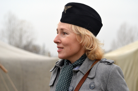 KIEV, UKRAINE -NOV 3  An unidentified member of Red Star history club wears historical German uniform during historical reenactment of WWII, Dnepr river crossing 1943, November 3, 2013  Kiev, Ukraineのeditorial素材