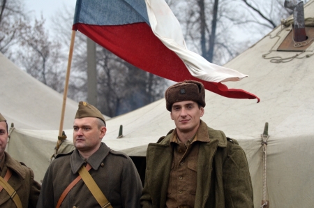 KIEV, UKRAINE -NOV 3  An unidentified members of Red Star history club wear historical  Czech uniform during historical reenactment of WWII, November 3, 2013 Kiev, Ukraine のeditorial素材