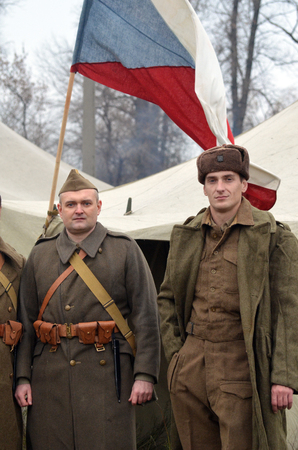 KIEV, UKRAINE -NOV 3  An unidentified members of Red Star history club wear historical  Czech uniform during historical reenactment of WWII, November 3, 2013 Kiev, Ukraine のeditorial素材