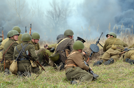 KIEV, UKRAINE -NOV 3  An unidentified members of Red Star history club wear historical Soviet and Czech uniform during historical reenactment of WWII, November 3, 2013 Kiev, Ukraine のeditorial素材