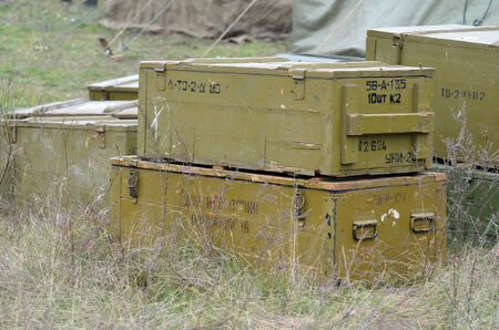 KIEV, UKRAINE -NOV 1 The Soviet ammo boxes in the Red Army reenactors  camp during during historical reenactment of WWII, Dnepr river crossing 1943, November 1, 2013 Kiev, Ukraineのeditorial素材