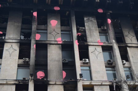 KIEV, UKRAINE -MAR 17, 2014  Downtown of Kiev Burnt down the House of trade unions  Riot in Kiev and Western Ukraine March 17, 2014 Kiev, Ukraine のeditorial素材