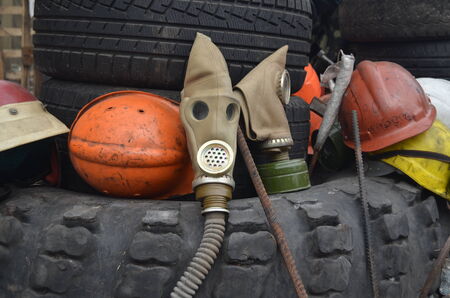 KIEV, UKRAINE - APR 7, 2014  Downtown of Kiev Camp decoration with military items Rioters camp  Riot...