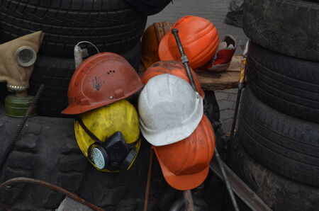 KIEV, UKRAINE - APR 7, 2014  Downtown of Kiev Camp decoration with military items Rioters camp  Riot in Kiev and Western Ukraine April 7, 2014 Kiev, Ukraine のeditorial素材
