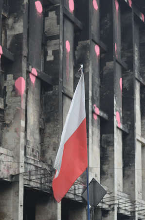 KIEV, UKRAINE - APR 19, 2014  Flag of Poland, that support Putsch of Junta in Kiev Camp of rioters in Kiev April 19, 2014 Kiev, Ukraine のeditorial素材
