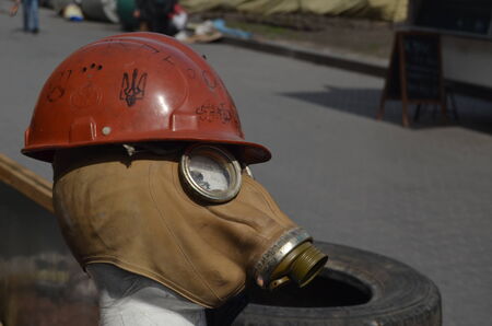 KIEV, UKRAINE - APR 29, 2014  Downtown of Kiev Camp decoration with military items Rioters camp Putsch of Junta April 29, 2014 Kiev, Ukraine のeditorial素材