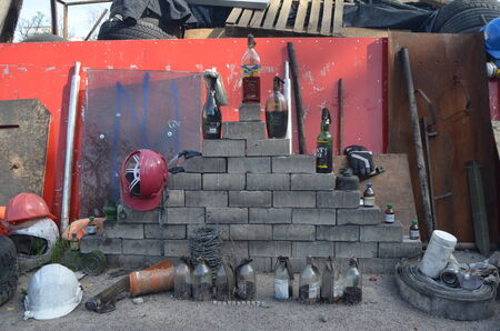 KIEV, UKRAINE - APR 29, 2014  Downtown of Kiev Camp decoration with military items Rioters camp Putsch of Junta April 29, 2014 Kiev, Ukraine のeditorial素材