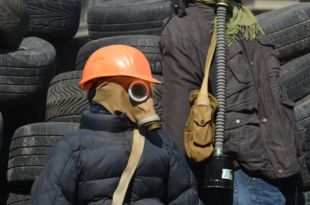 KIEV, UKRAINE - APR 29, 2014  Downtown of Kiev Camp decoration with military items Rioters camp Putsch of Junta April 29, 2014 Kiev, Ukraine のeditorial素材