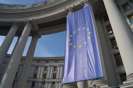 KIEV, UKRAINE -APRIL 28, 2014  The Ministry of Foreign Affairs of Ukraine with EU Flag on April 28...