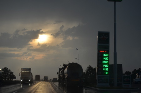 KIEV, UKRAINE -JUN 7, 2014  Road near Kiev at dusk and rain June 7, 2014 Kiev, Ukraine のeditorial素材