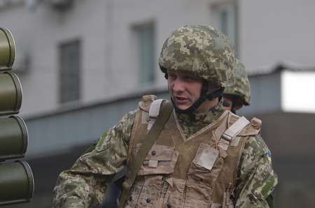 KIEV, UKRAINE - AUG 24, 2014.Ukrainian army during President Poroshenko Victory parade in downtown. ...