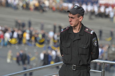 KIEV, UKRAINE - AUG 24, 2014.Ukrainian police during President Poroshenko Victory parade in...