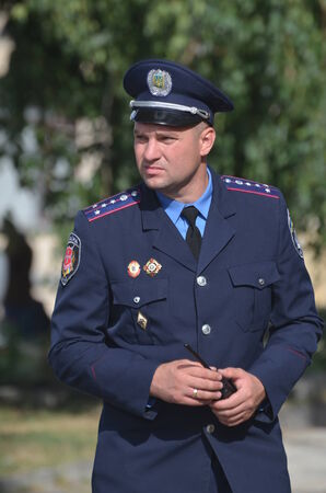 KIEV, UKRAINE - AUG 24, 2014.Ukrainian police during President Poroshenko Victory parade in...