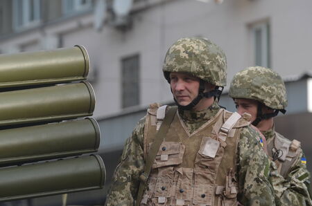 KIEV, UKRAINE - AUG 24, 2014.Ukrainian army during President Poroshenko Victory parade in downtown....