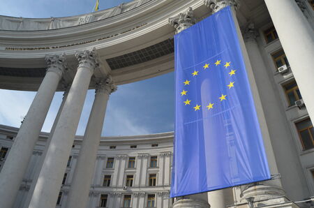 KIEV, UKRAINE -APRIL 28, 2014: The Ministry of Foreign Affairs of Ukraine with EU Flag on April 28...