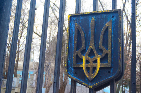KIEV, UKRAINE - February 2, 2015: Ukrainian nationalists of Battalion "Aydar" burn out ukrainian state simbol during protest against president Poroshenko.The gate of the Ministry of Defence.のeditorial素材