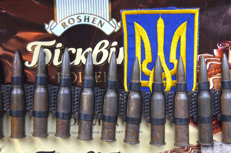 Kiev, Ukraine.OCT 19.Illustrative editorial. Chevron of Ukrainian Army.With logo Roshen Inc. Trademark Roshen is property of ukrainian president Poroshenko.At October 19, 2015 in Kiev, Ukraineのeditorial素材