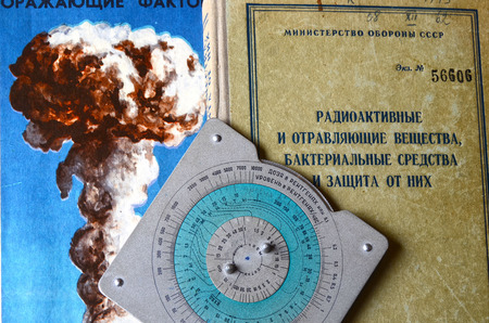 Vintage Soviet chemical and nuclear warfare protection items.Secret military literature of 1960-th.
