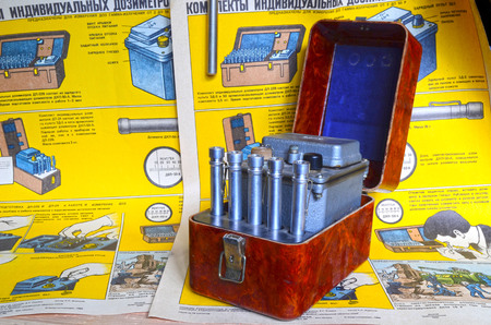 Vintage Soviet military individual radiometers set DP-24.Background - poster Soviet Civil Defense: Sets of individual radiometers DP-24 & DP-22v, design and usage (60-th)のeditorial素材