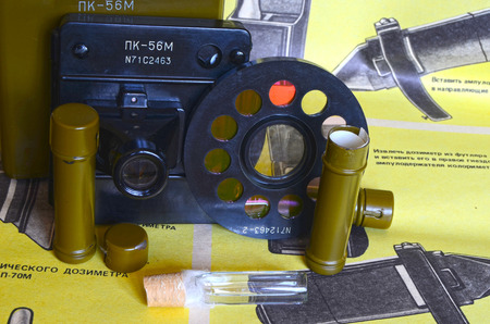 Vintage Soviet military chemical radiometer DP-70 and color of solutions compare set PK56m.Back-poster of individual radiometers DP-70 & PK56m, design and usageのeditorial素材