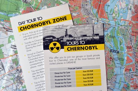 Illustrative Editorial.Comercial booklet of travel agency sugest tourism in Chernobyl Area.Tragedy as attraction.Kiev, Ukraine July 9, 2017のeditorial素材