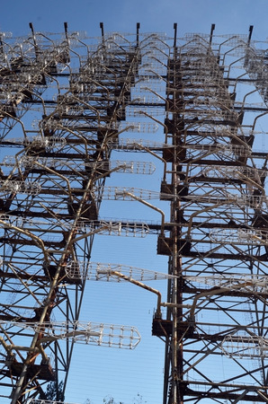 Chernobyl-2.Duga radar. Russian woodpecker. Legacy of ex Soviet cold war times. Chernobyl exclusion zone. Zone of radioactivity.May 19, 2017.Kiev region.Ukraineのeditorial素材