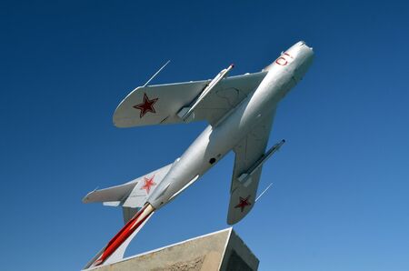 MIG-15.Monument to pilots of former Soviet anti-ballistic missile testing range Sary Shagan. Bank of Lake Balkhash.May 7, 2017.Priozersk.Kazakhstanのeditorial素材