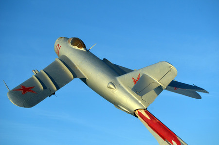 MIG-15.Monument to pilots of former Soviet anti-ballistic missile testing range Sary Shagan. Bank of...