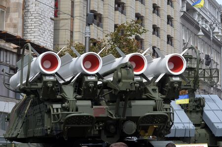 Celebration of the Great Victory near Illovaysk.Downtown of Kiev.Parade.Ukrainian army Buk SA-6...