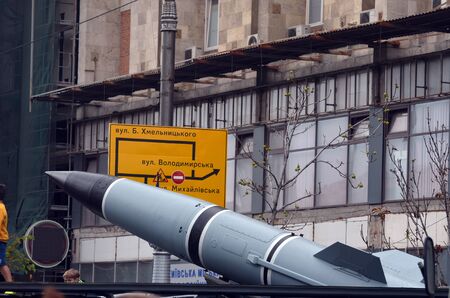 Ballistic missile Tochka-U.Kiev use ballistic missiles during civil war.Celebration of the Great Victory near Illovaysk.Downtown of Kiev.Parade.August 22, 2017 Kiev, Ukraineのeditorial素材